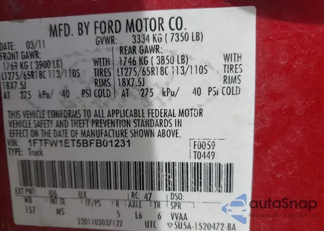 2011 Ford F-150 Xlt from USA, damaged, VIN 1FTFW1ET5BFB01231